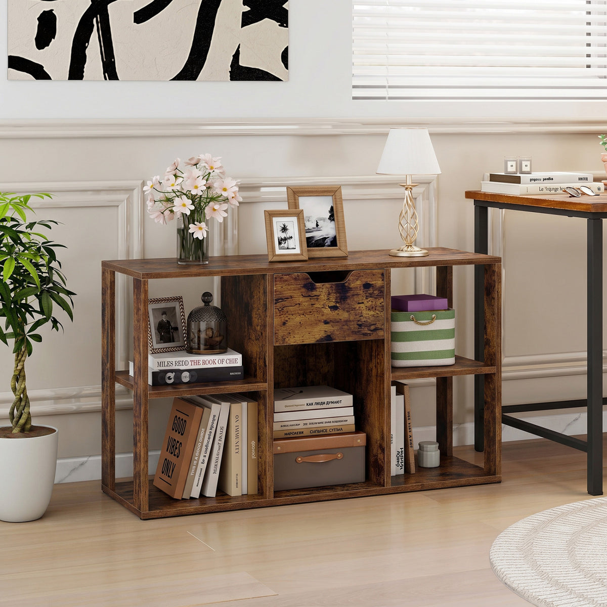 5-Cube Bookcase with Storage Drawer Freestanding Bookshelf Modern Display Rack-Rustic Brown