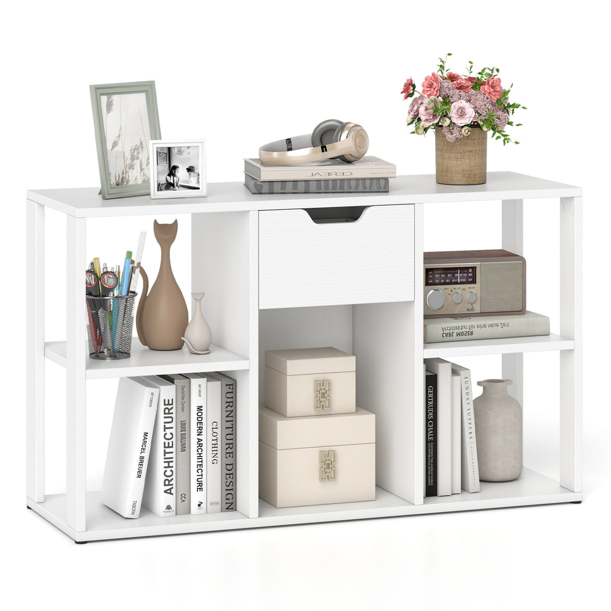 5-Cube Bookcase with Storage Drawer Freestanding Bookshelf Modern Display Rack-White