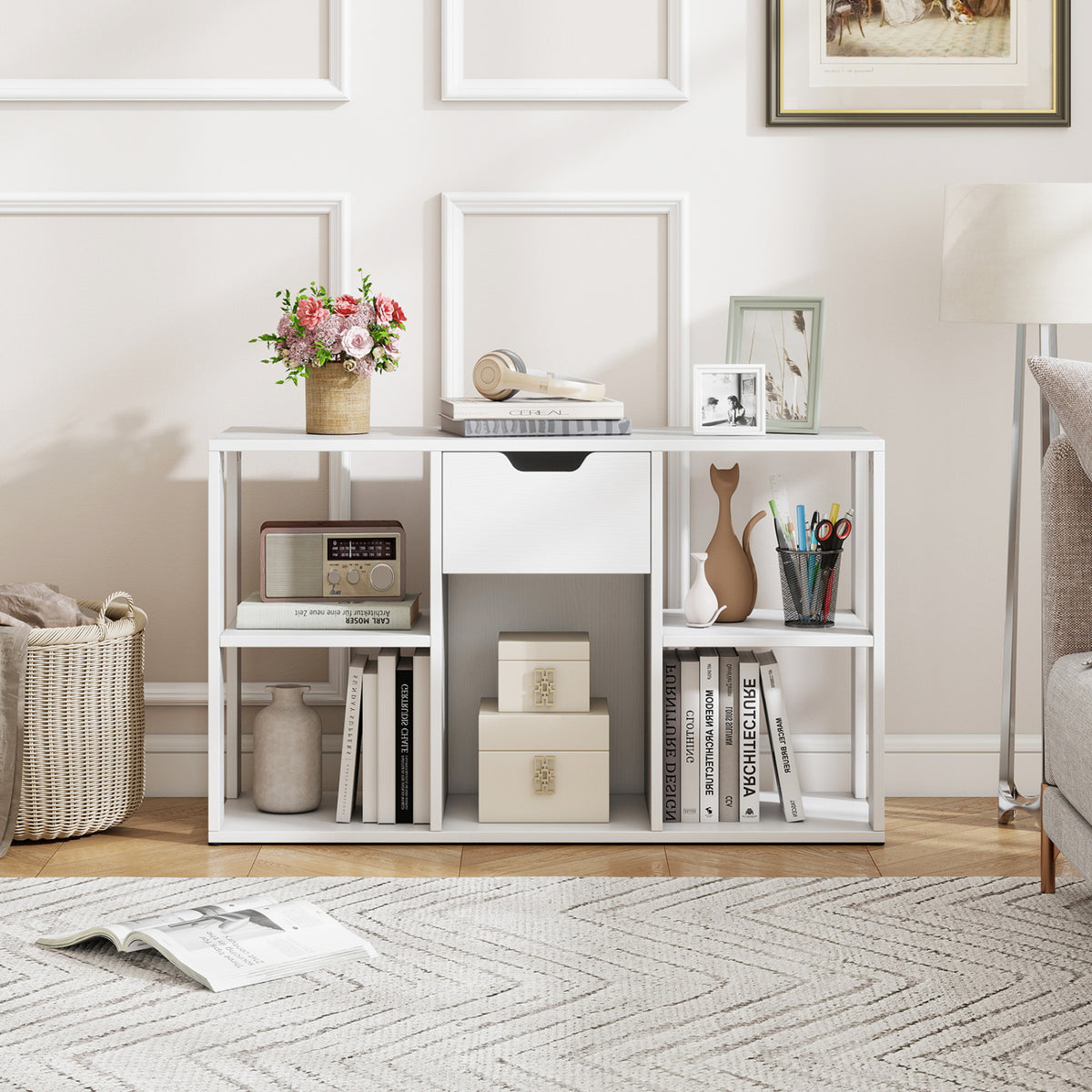 5-Cube Bookcase with Storage Drawer Freestanding Bookshelf Modern Display Rack-White