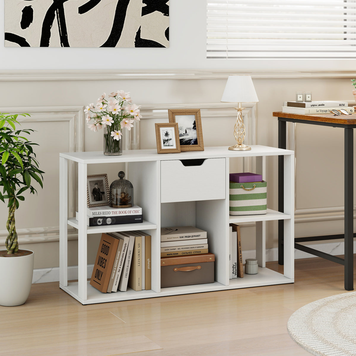 5-Cube Bookcase with Storage Drawer Freestanding Bookshelf Modern Display Rack-White