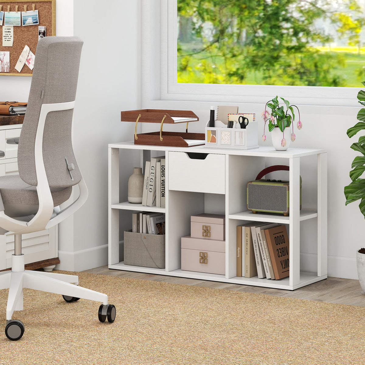 5-Cube Bookcase with Storage Drawer Freestanding Bookshelf Modern Display Rack-White