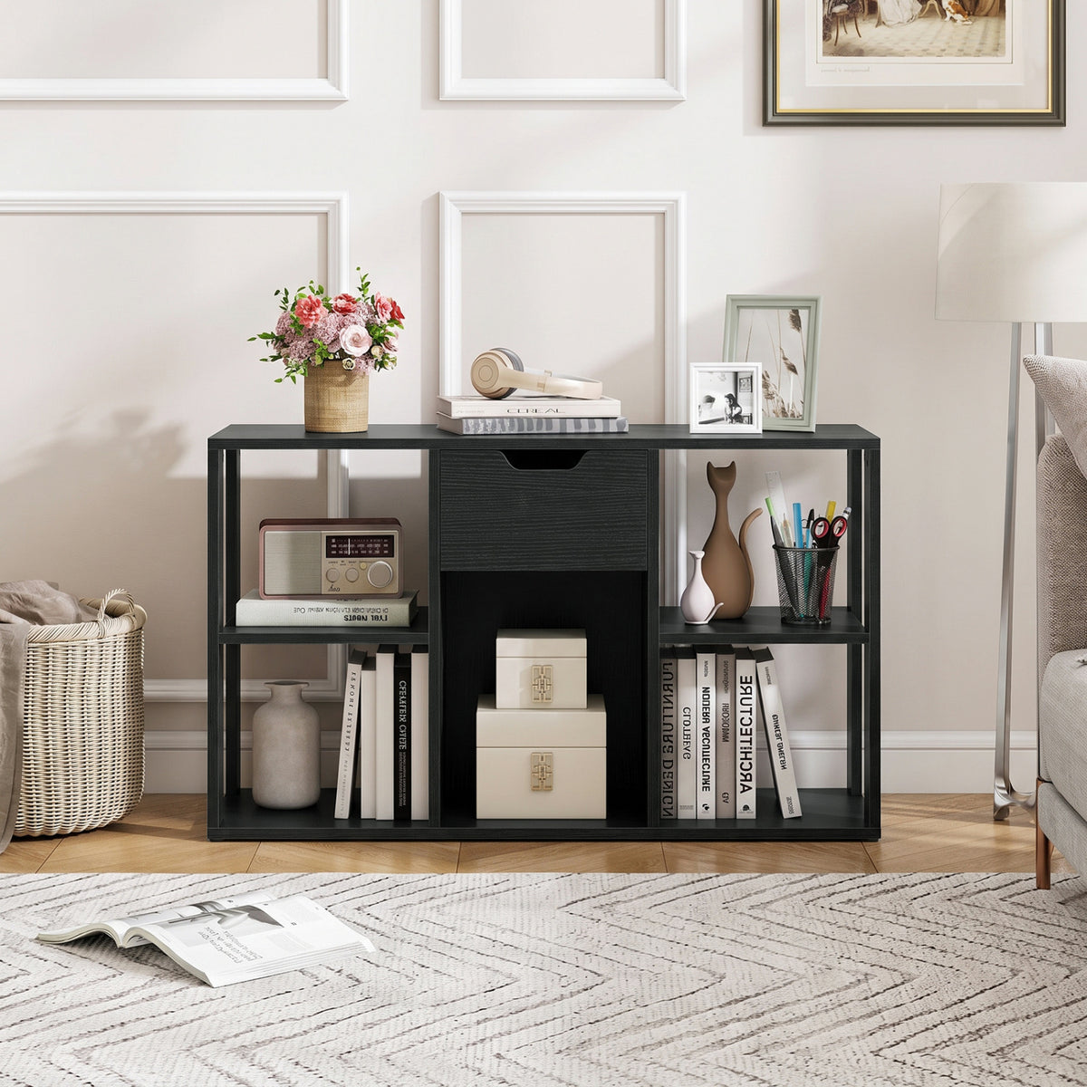 5-Cube Bookcase with Storage Drawer Freestanding Bookshelf Modern Display Rack-Black