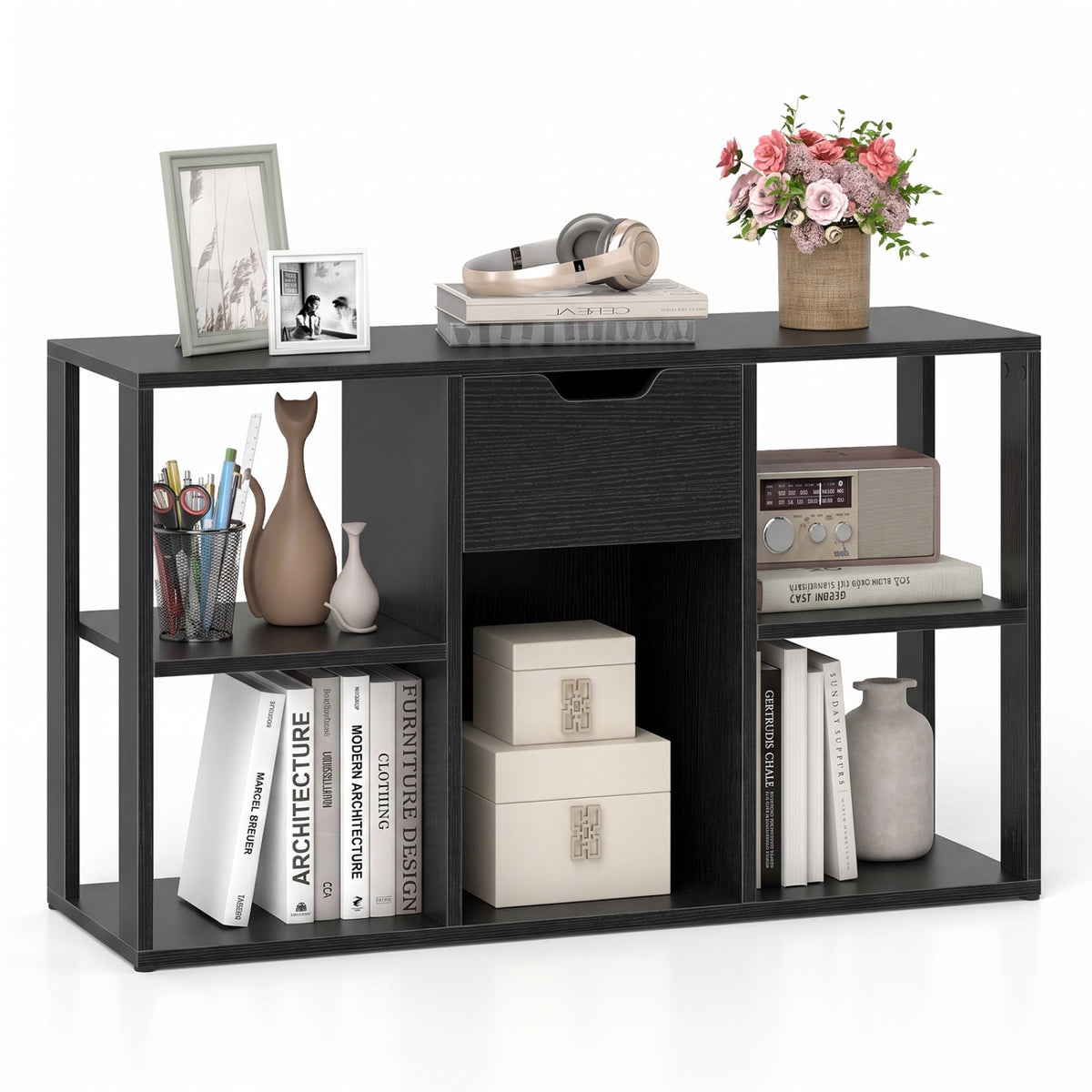5-Cube Bookcase with Storage Drawer Freestanding Bookshelf Modern Display Rack-Black