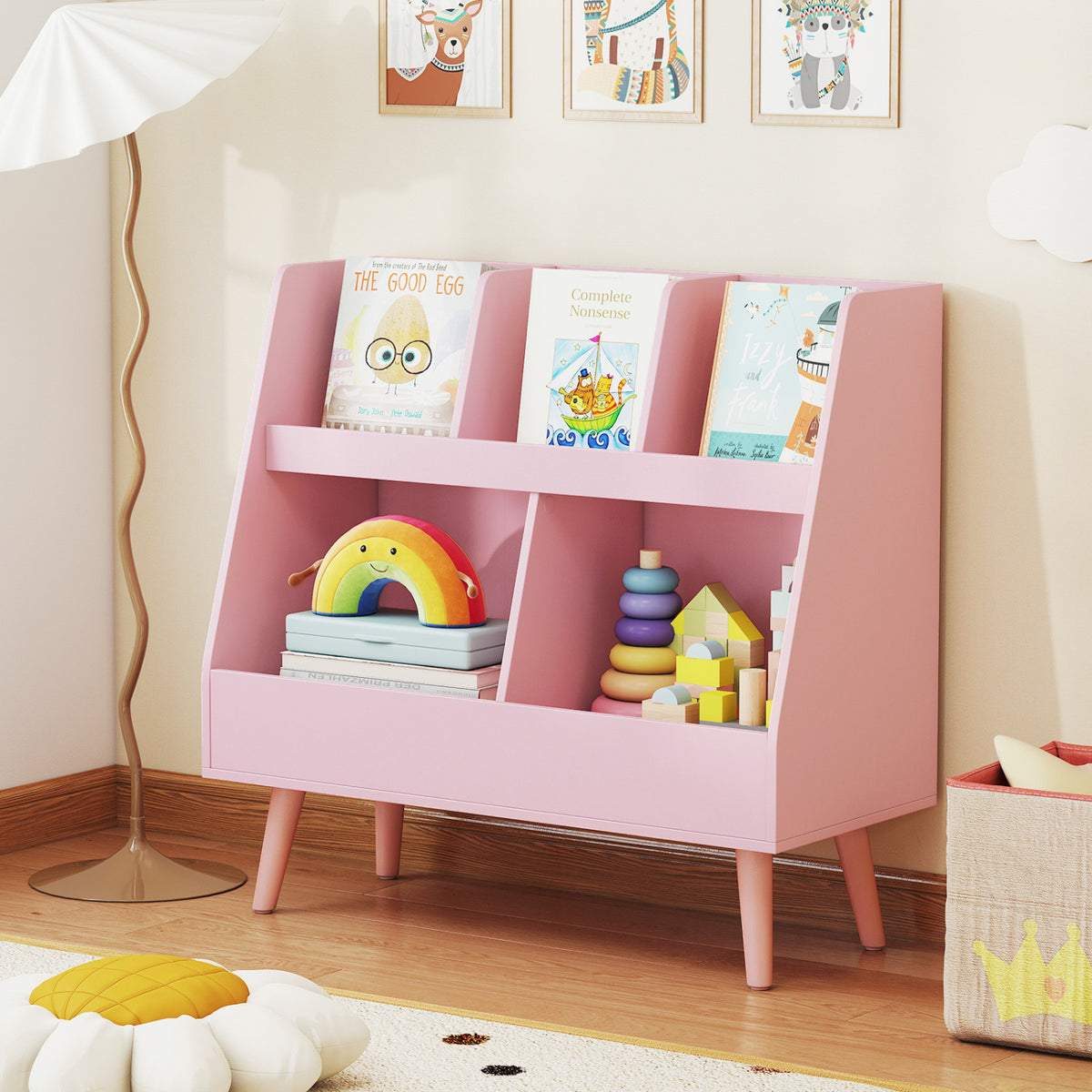 5-Cube Kids Bookshelf and Toy Organizer with Anti-Tipping Kits-Pink