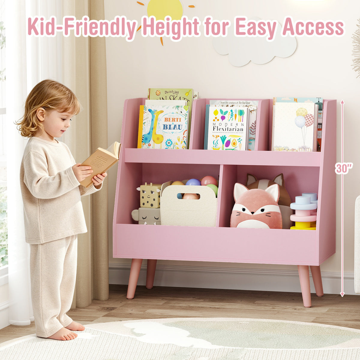 5-Cube Kids Bookshelf and Toy Organizer with Anti-Tipping Kits-Pink
