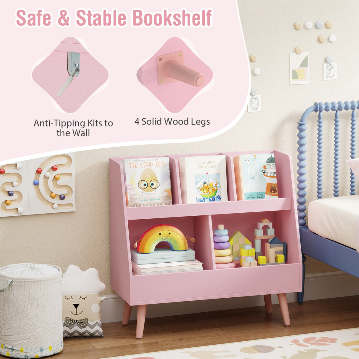 5-Cube Kids Bookshelf and Toy Organizer with Anti-Tipping Kits-Pink