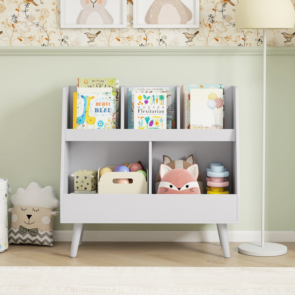 5-Cube Kids Bookshelf and Toy Organizer with Anti-Tipping Kits-Light Gray