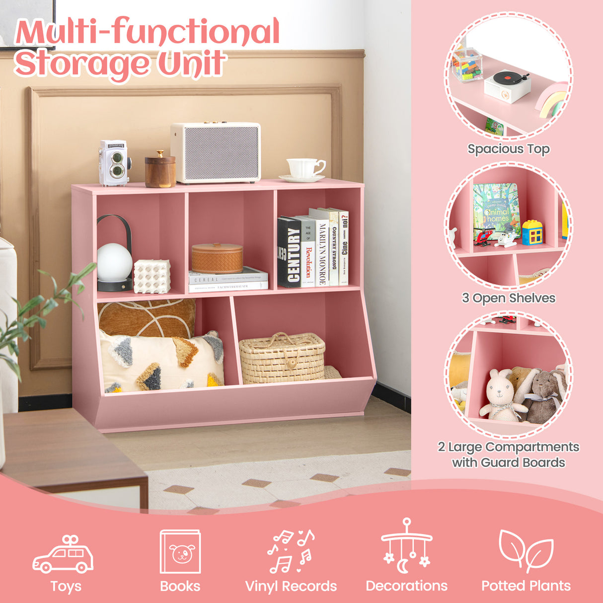 5-Cube Wooden Kids Toy Storage Organizer with Anti-Tipping Kits-Pink