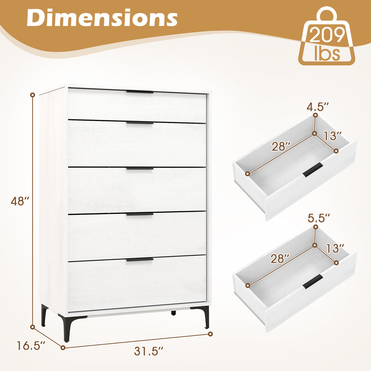 5-Drawer Dresser with Interlock System for Bedroom Living Room-White
