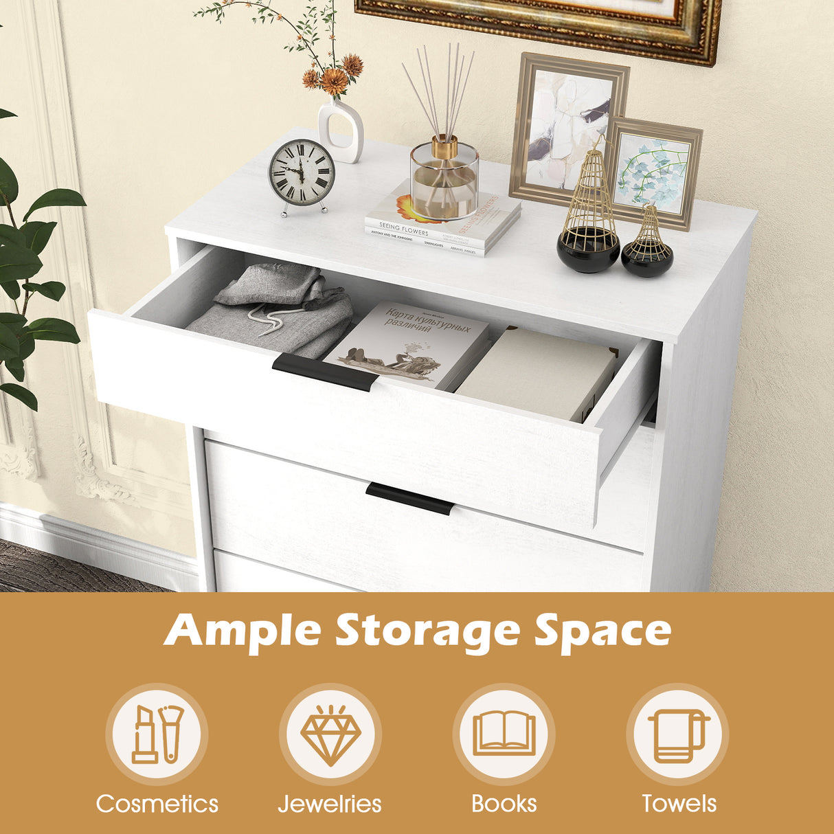 5-Drawer Dresser with Interlock System for Bedroom Living Room-White
