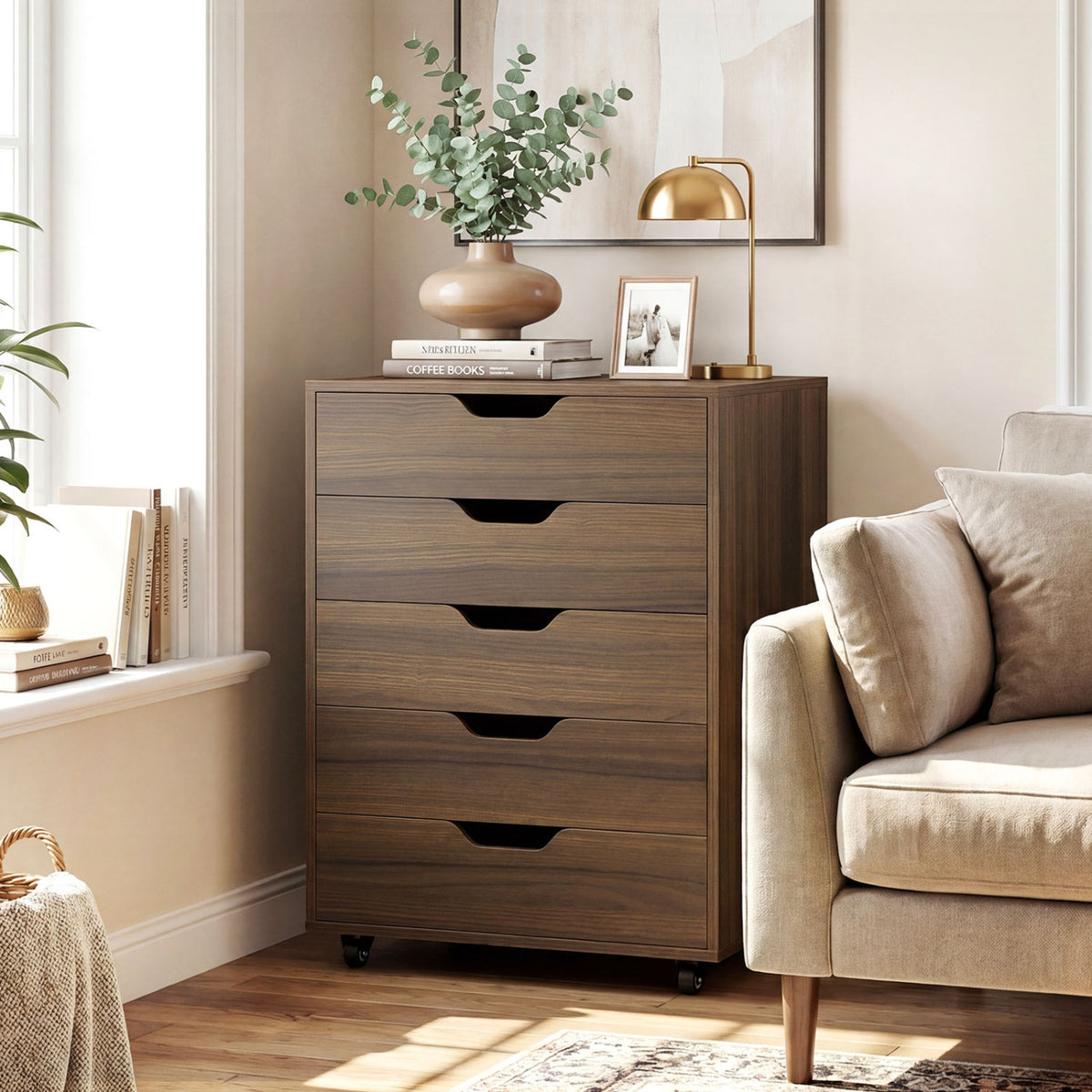 5 Drawer Mobile File Cabinet with Wheels for Living Room-Walnut