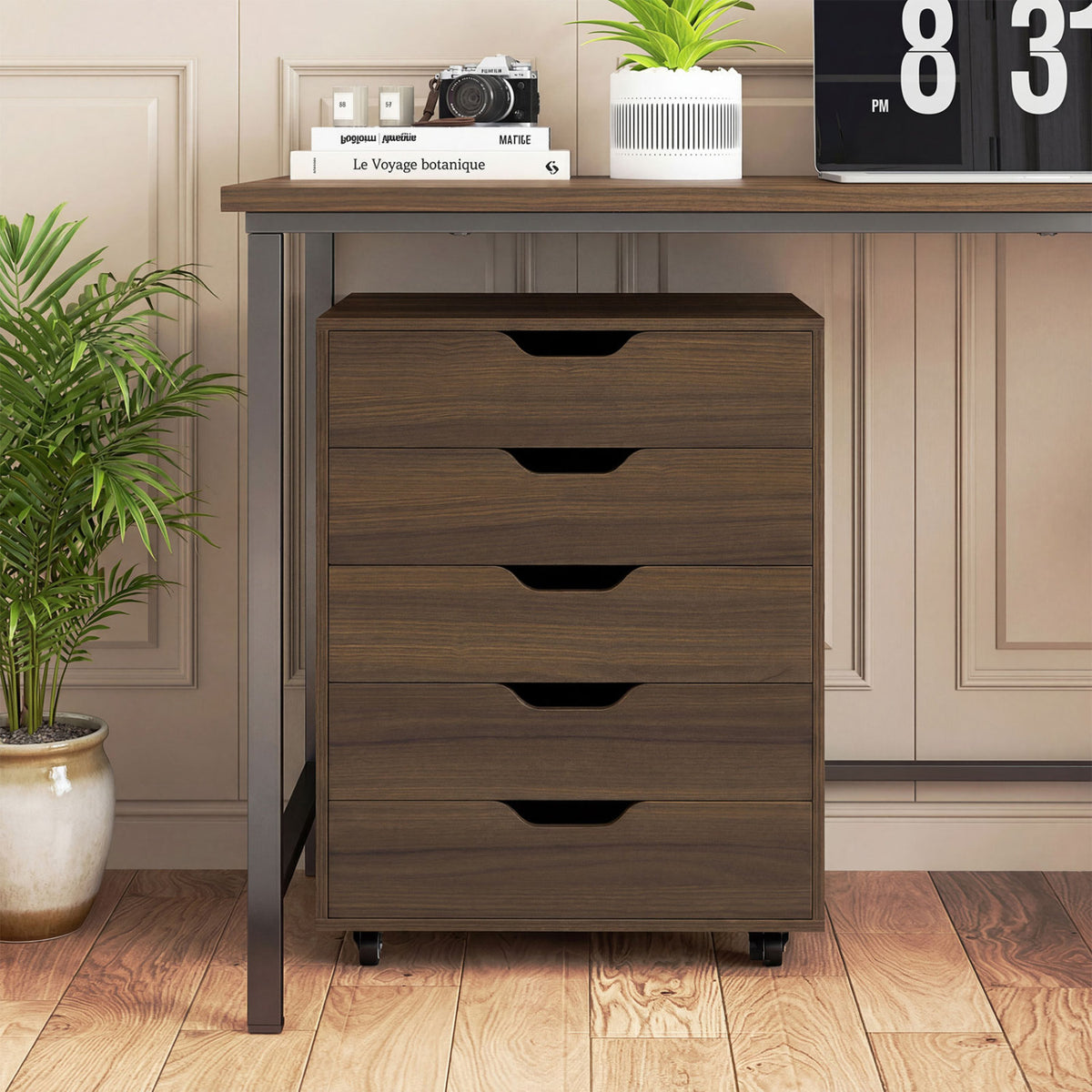 5 Drawer Mobile File Cabinet with Wheels for Living Room-Walnut