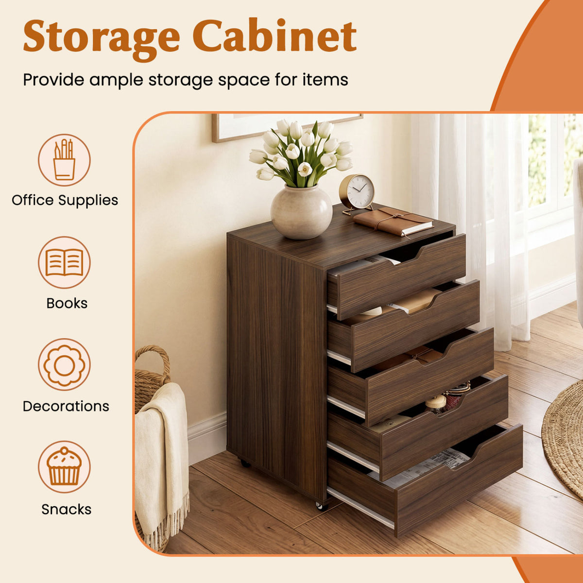 5 Drawer Mobile File Cabinet with Wheels for Living Room-Walnut