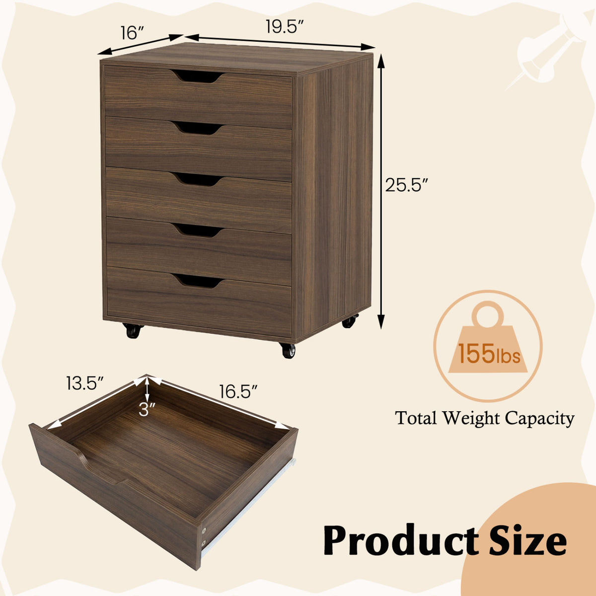 5 Drawer Mobile File Cabinet with Wheels for Living Room-Walnut