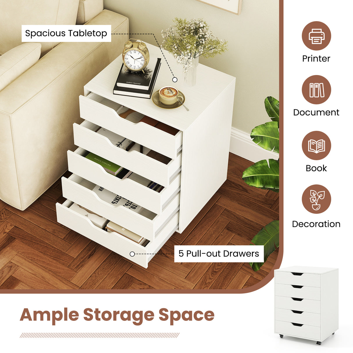 5 Drawer Mobile File Cabinet with Wheels for Living Room-White