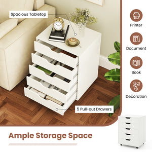 5 Drawer Mobile File Cabinet with Wheels for Living Room-White