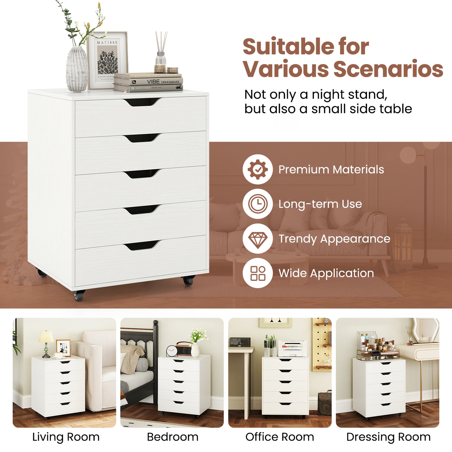 5 Drawer Mobile File Cabinet with Wheels for Living Room-White
