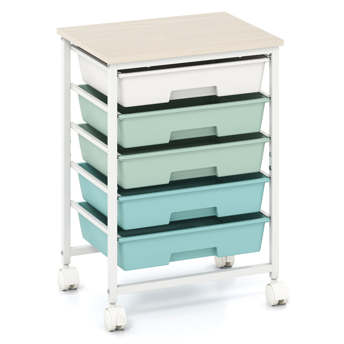 5-Drawer Rolling Cart with Wooden Tabletop and Metal Frame for Craft Room-Green Gradient