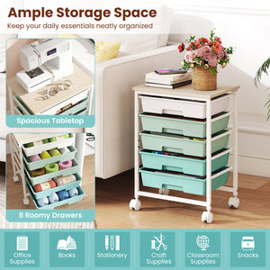 5-Drawer Rolling Cart with Wooden Tabletop and Metal Frame for Craft Room-Green Gradient