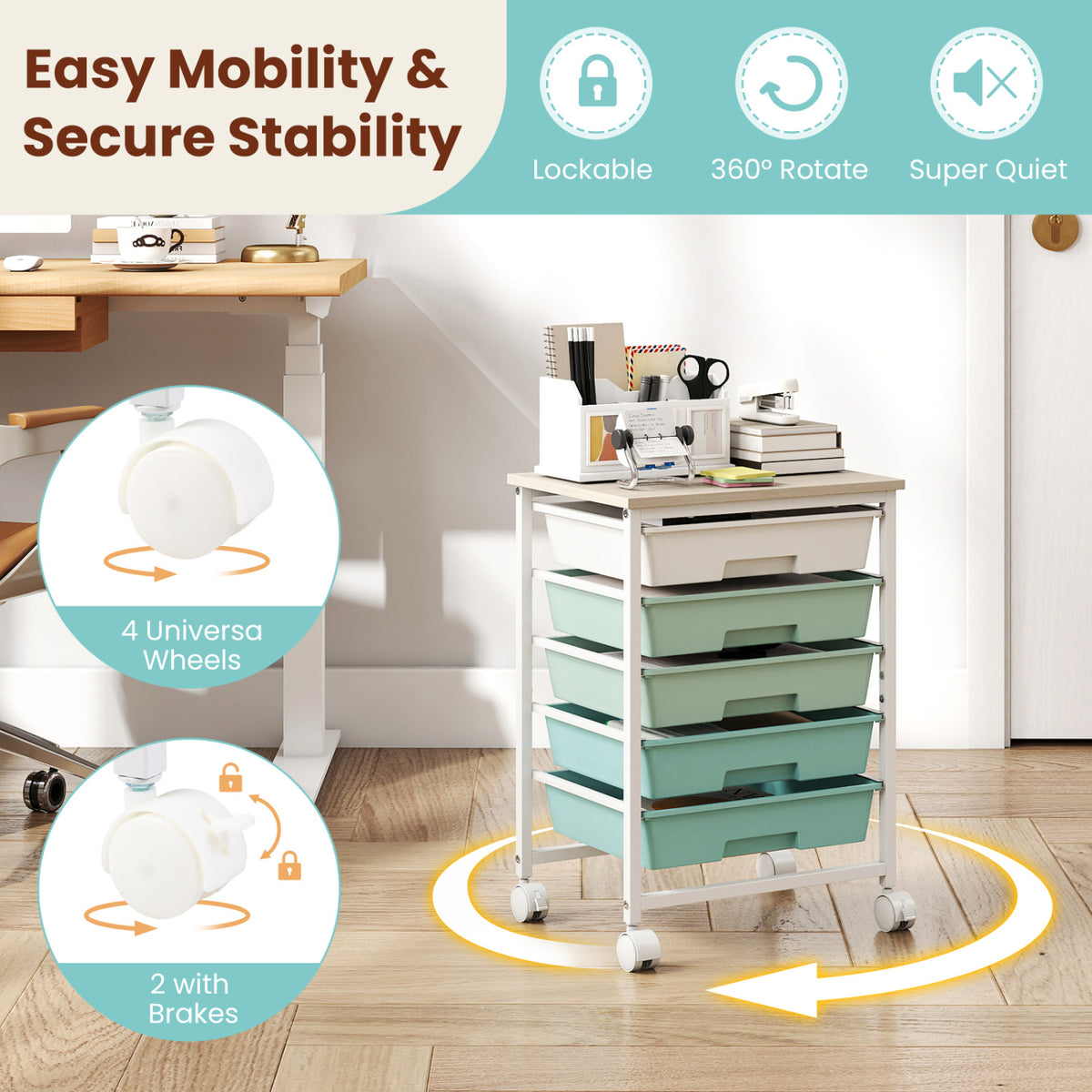 5-Drawer Rolling Cart with Wooden Tabletop and Metal Frame for Craft Room-Green Gradient