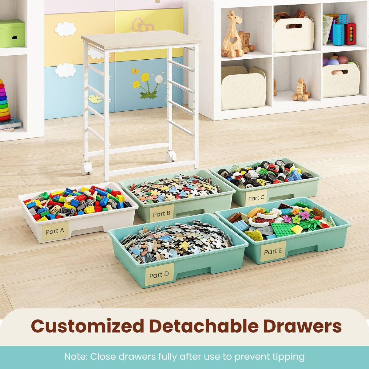 5-Drawer Rolling Cart with Wooden Tabletop and Metal Frame for Craft Room-Green Gradient