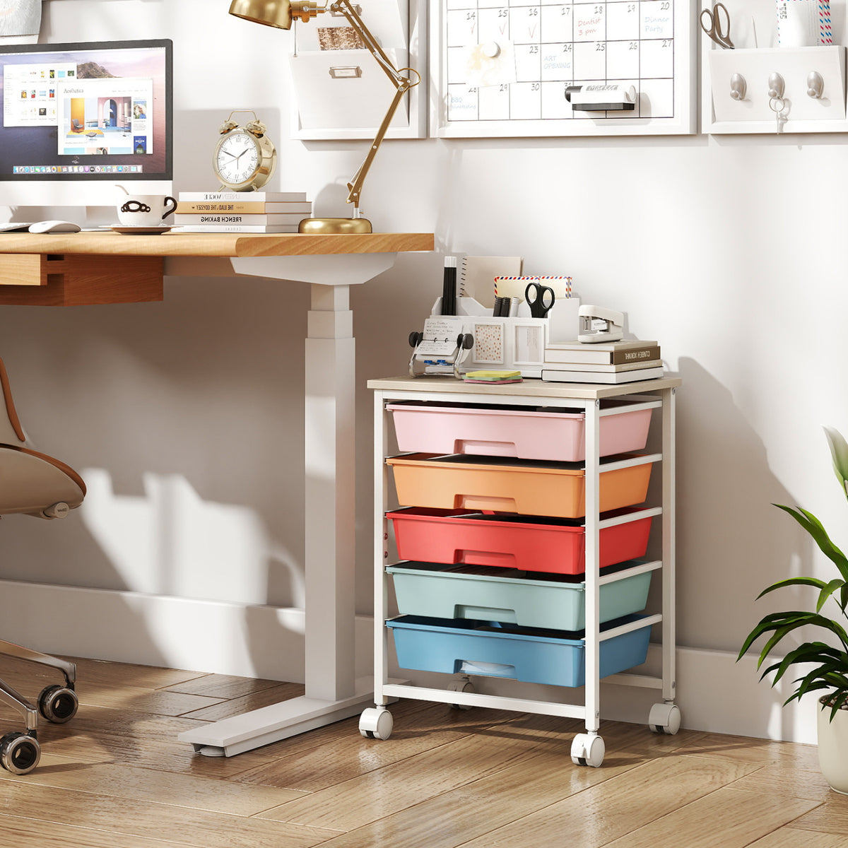 5-Drawer Rolling Cart with Wooden Tabletop and Metal Frame for Craft Room-Macaron