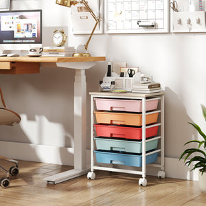 5-Drawer Rolling Cart with Wooden Tabletop and Metal Frame for Craft Room-Macaron