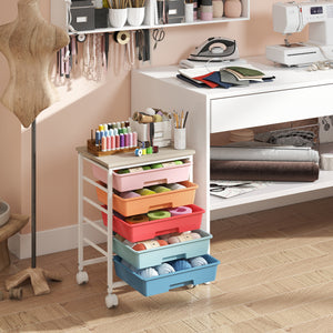 5-Drawer Rolling Cart with Wooden Tabletop and Metal Frame for Craft Room-Macaron