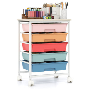 5-Drawer Rolling Cart with Wooden Tabletop and Metal Frame for Craft Room-Macaron
