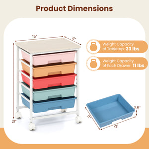 5-Drawer Rolling Cart with Wooden Tabletop and Metal Frame for Craft Room-Macaron
