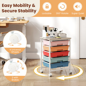 5-Drawer Rolling Cart with Wooden Tabletop and Metal Frame for Craft Room-Macaron