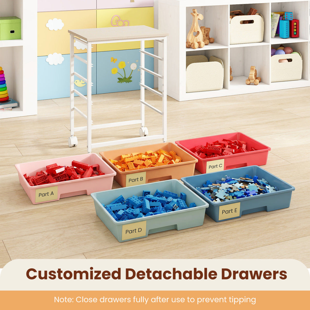 5-Drawer Rolling Cart with Wooden Tabletop and Metal Frame for Craft Room-Macaron
