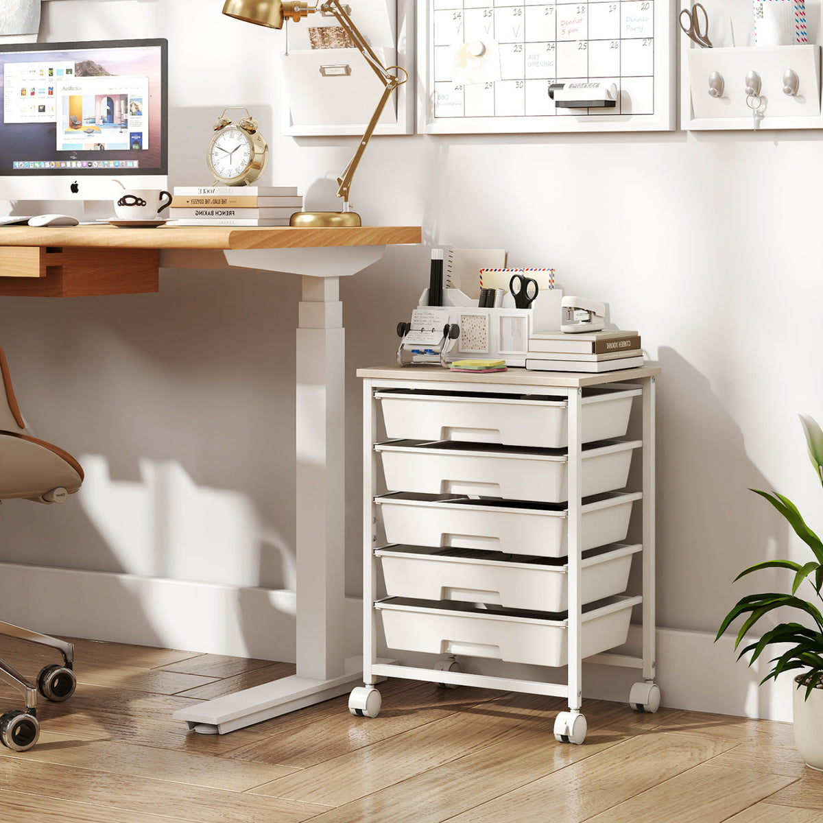 5-Drawer Rolling Cart with Wooden Tabletop and Metal Frame for Craft Room-White