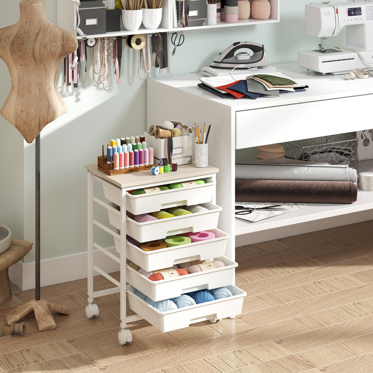 5-Drawer Rolling Cart with Wooden Tabletop and Metal Frame for Craft Room-White