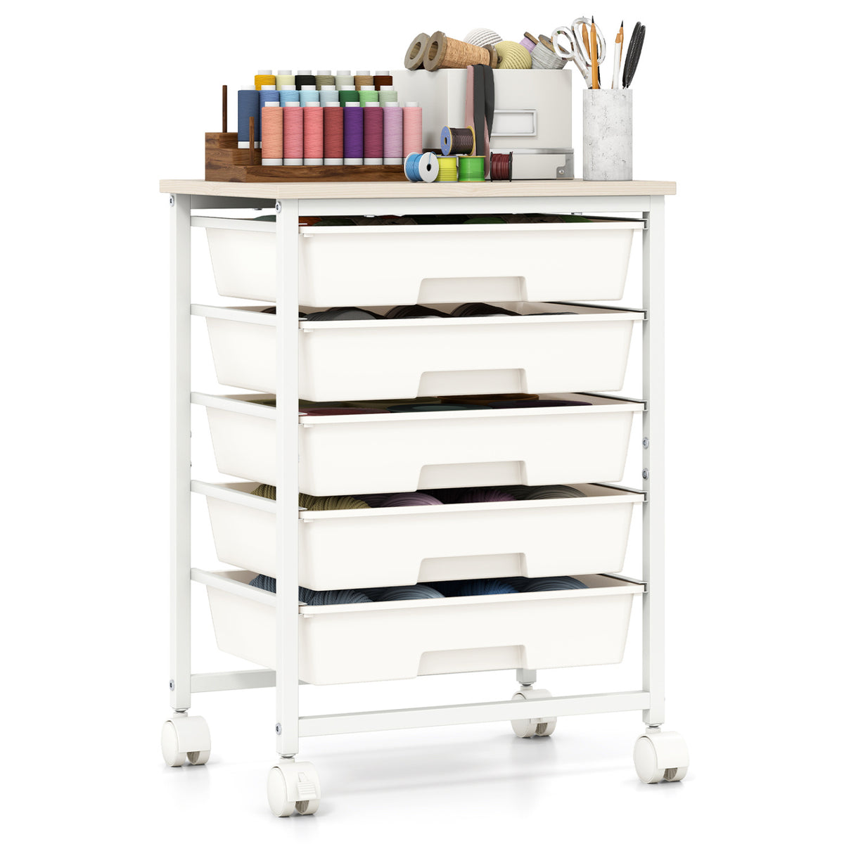 5-Drawer Rolling Cart with Wooden Tabletop and Metal Frame for Craft Room-White