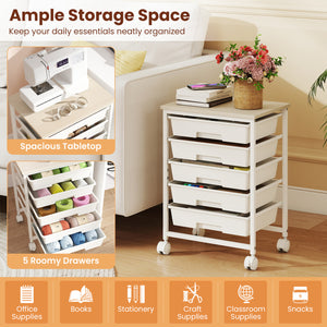 5-Drawer Rolling Cart with Wooden Tabletop and Metal Frame for Craft Room-White
