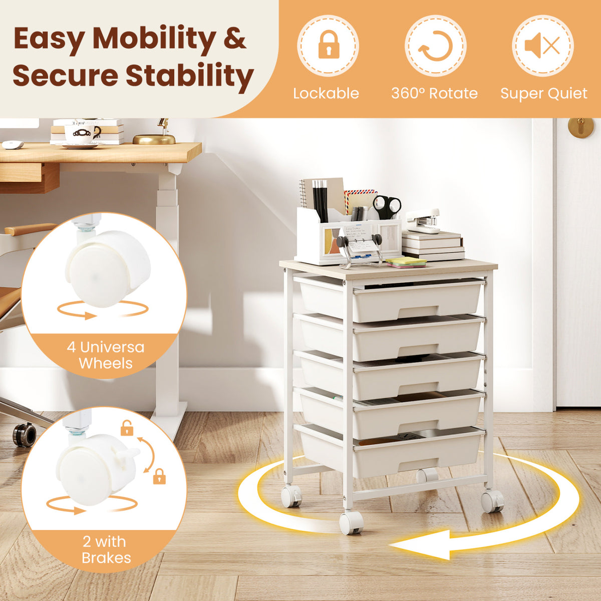 5-Drawer Rolling Cart with Wooden Tabletop and Metal Frame for Craft Room-White