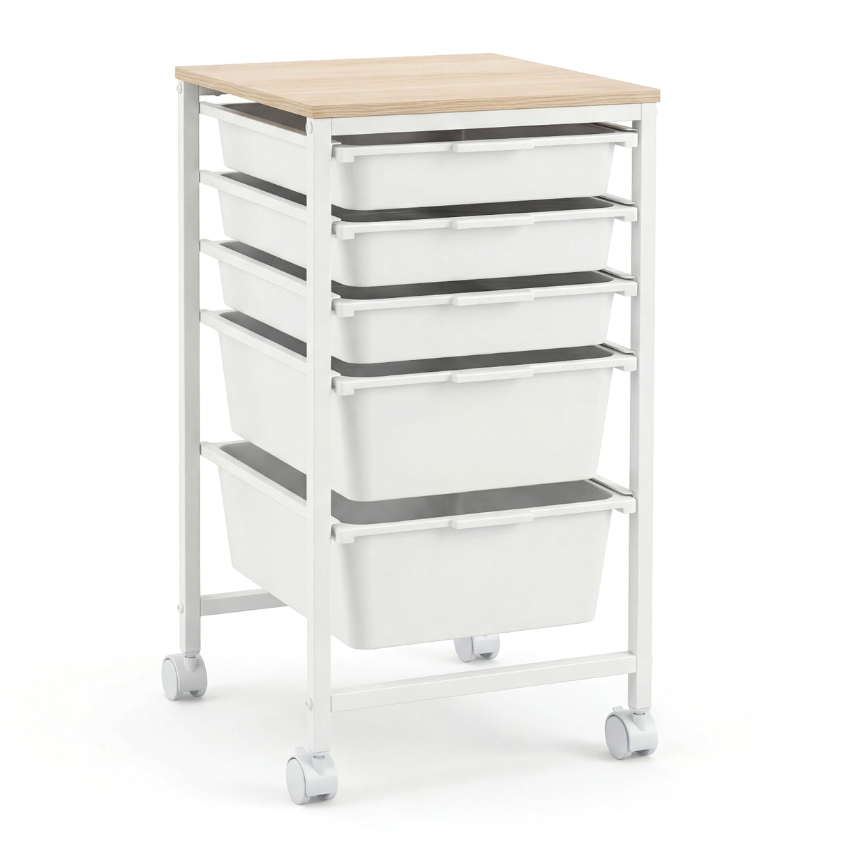 5-Drawer Rolling Storage Cart Mobile Utility Organizer with Wooden Tabletop and Lockable Wheels-White