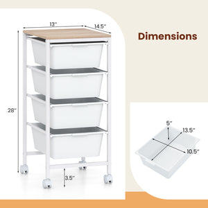 5-Drawer Rolling Storage Cart Mobile Utility Organizer with Wooden Tabletop and Lockable Wheels-White