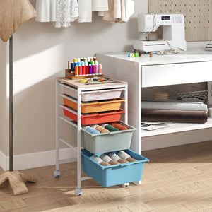 5-Drawer Rolling Storage Cart Mobile Utility Organizer with Wooden Tabletop and Lockable Wheels-Macaron