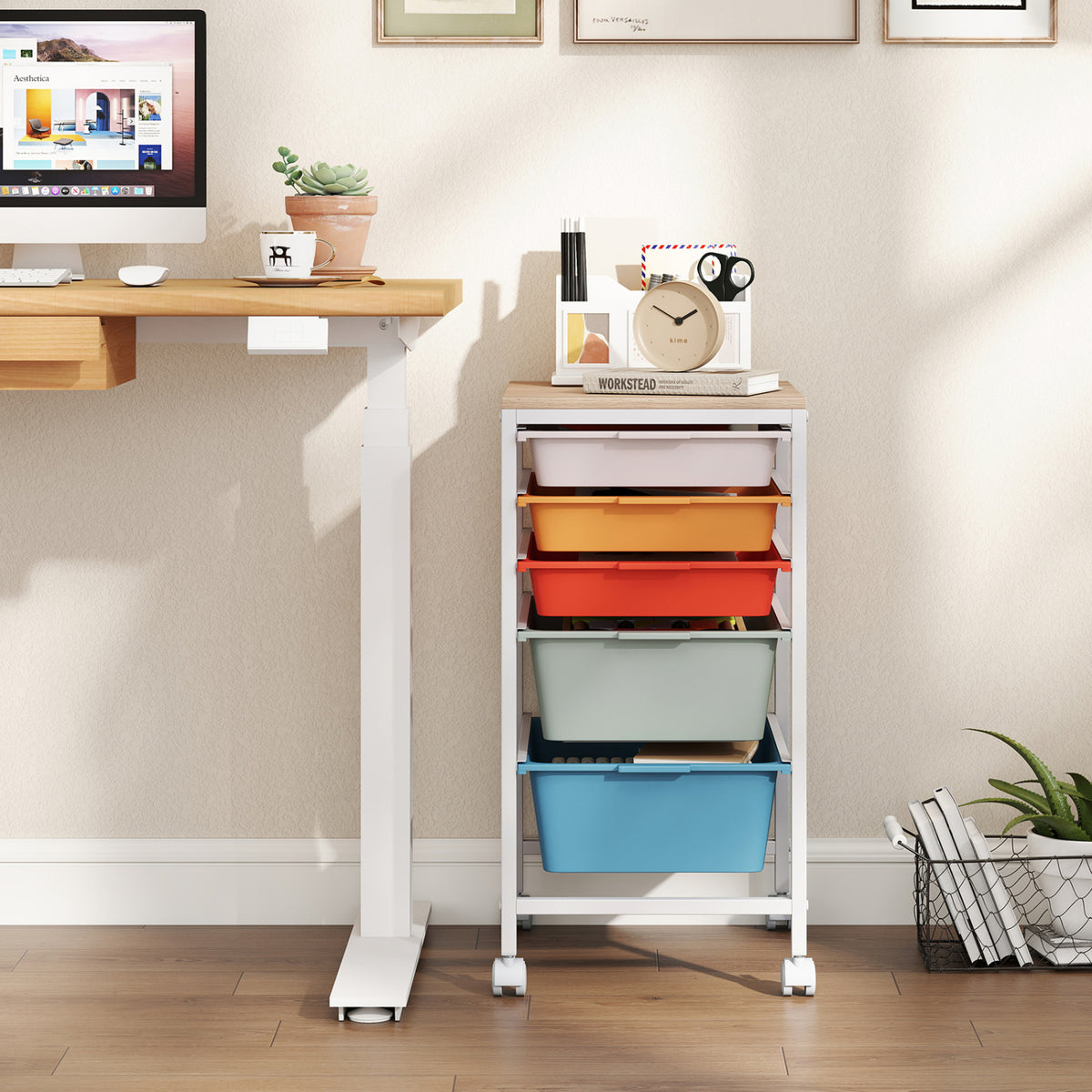 5-Drawer Rolling Storage Cart Mobile Utility Organizer with Wooden Tabletop and Lockable Wheels-Macaron