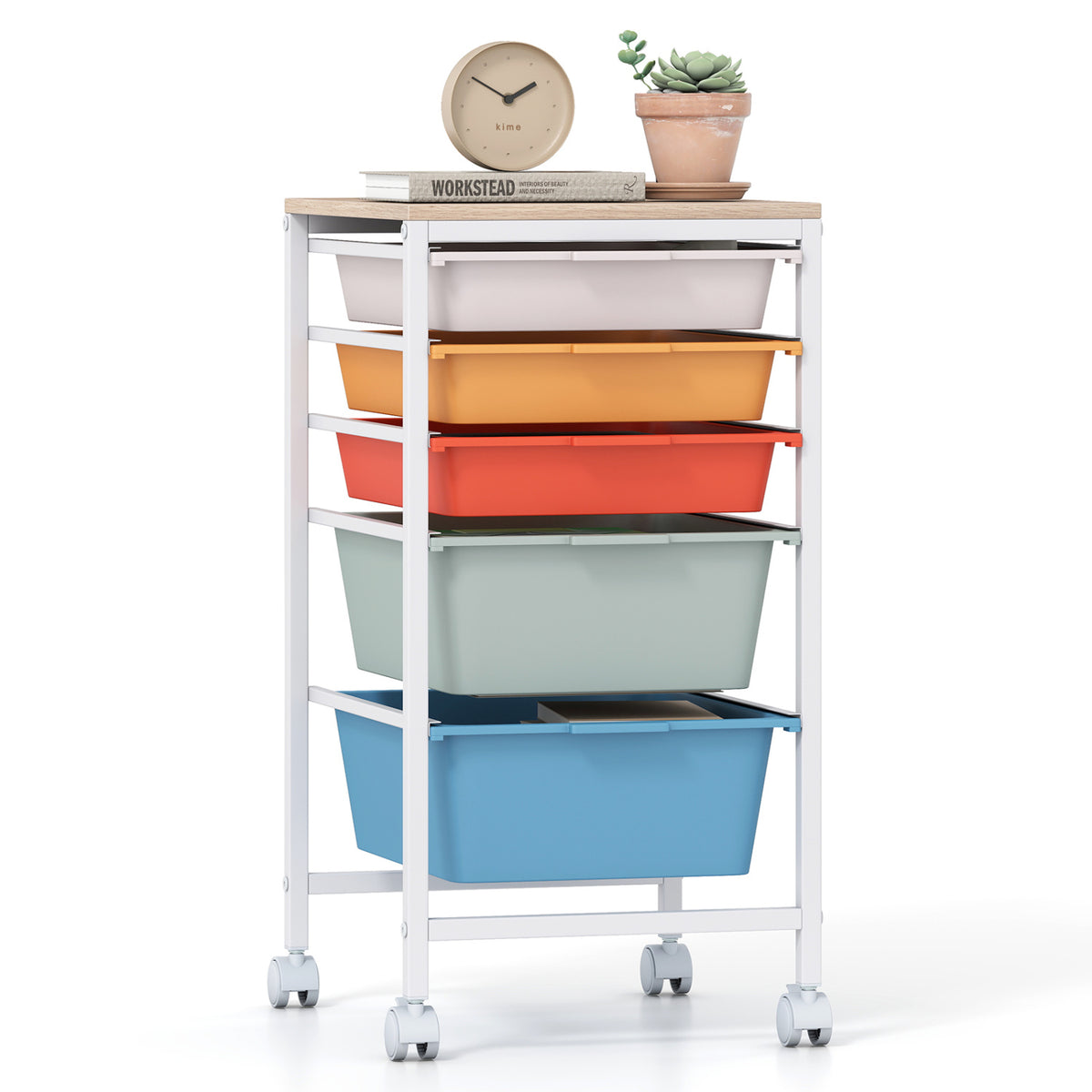 5-Drawer Rolling Storage Cart Mobile Utility Organizer with Wooden Tabletop and Lockable Wheels-Macaron