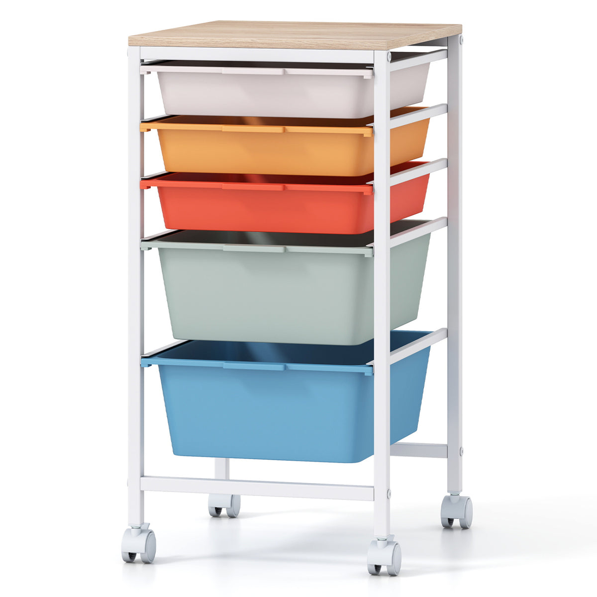 5-Drawer Rolling Storage Cart Mobile Utility Organizer with Wooden Tabletop and Lockable Wheels-Macaron