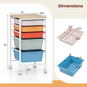 5-Drawer Rolling Storage Cart Mobile Utility Organizer with Wooden Tabletop and Lockable Wheels-Macaron