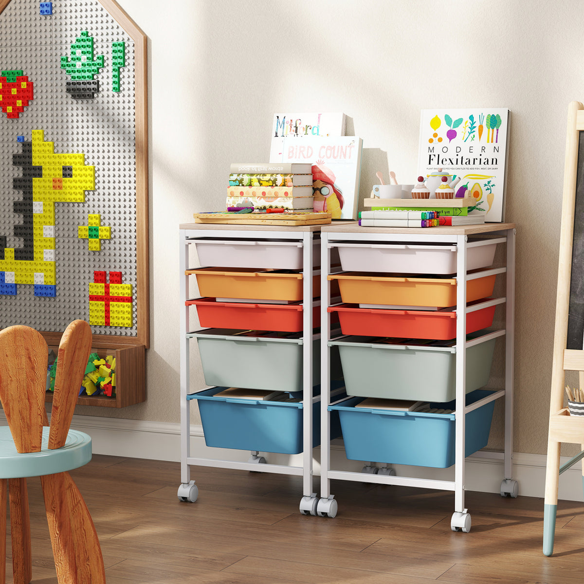 5-Drawer Rolling Storage Cart Mobile Utility Organizer with Wooden Tabletop and Lockable Wheels-Macaron