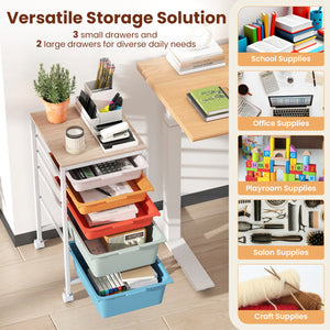5-Drawer Rolling Storage Cart Mobile Utility Organizer with Wooden Tabletop and Lockable Wheels-Macaron