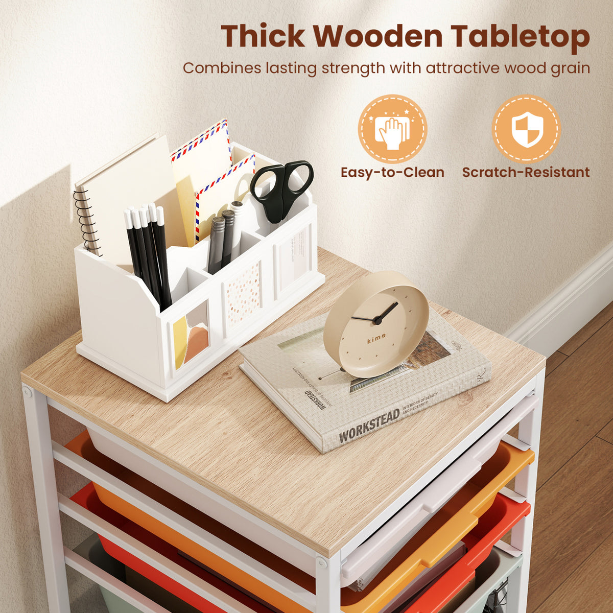 5-Drawer Rolling Storage Cart Mobile Utility Organizer with Wooden Tabletop and Lockable Wheels-Macaron