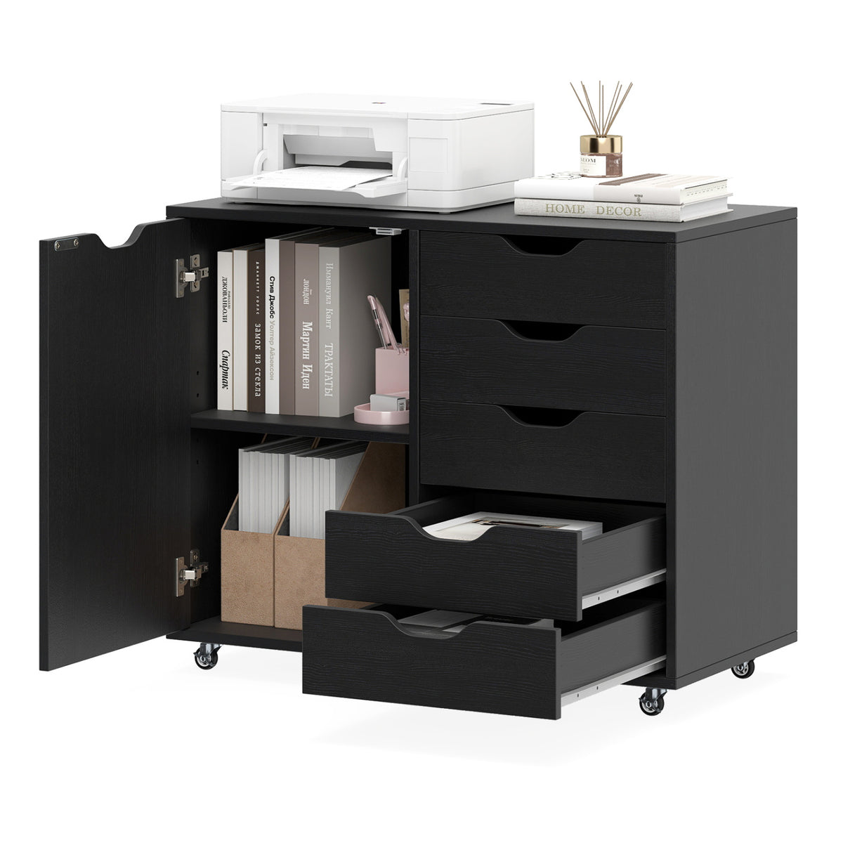 5-Drawer Rolling Storage Cart with Side Cabinet-Black