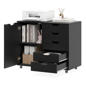 5-Drawer Rolling Storage Cart with Side Cabinet-Black