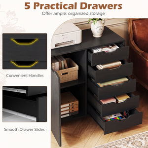 5-Drawer Rolling Storage Cart with Side Cabinet-Black